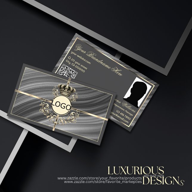Smart Royal Grey Gold Crown Logo Photo and QR Code Business Card (Creator Uploaded)