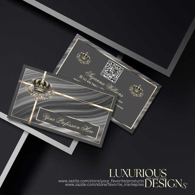 Smart Royal Grey Gold Crown with QR Code Sumptuous Business Card (Creator Uploaded)