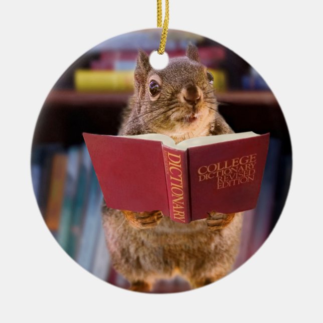 Smart Squirrel Reading a Dictionary Ceramic Ornament (Front)