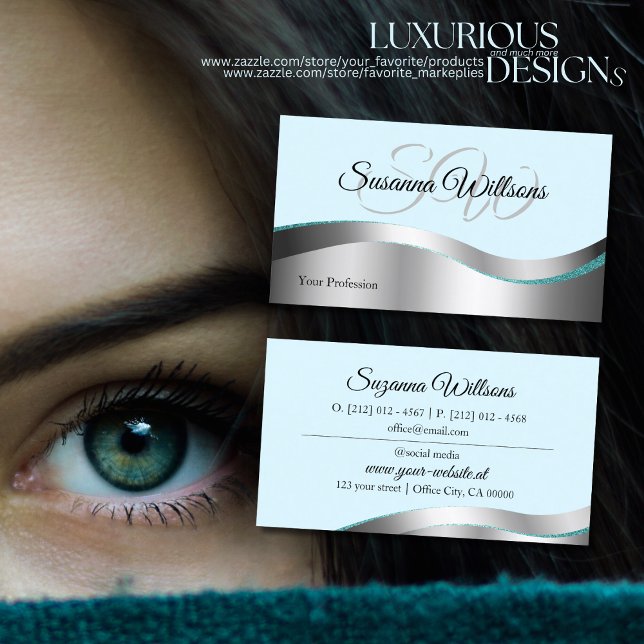 Smart Teal Wavy Silver Decor with Initials Classy Business Card (Creator Uploaded)