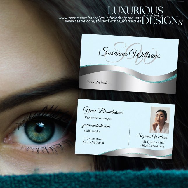 Smart Teal Wavy Silver Decor with Initials Photo Business Card (Creator Uploaded)