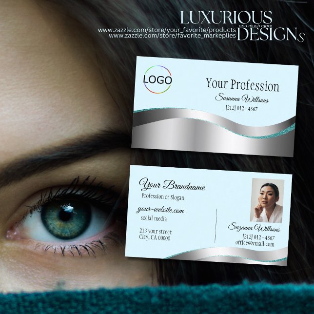 Smart Teal Wavy Silver Decor with Logo and Photo Business Card (Creator Uploaded)