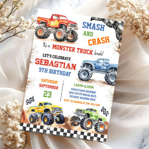 Smash & Crash It's Monster Truck Bash Boy Birthday Invitation