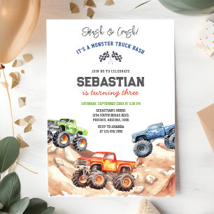 Smash & Crash It's Monster Truck Bash Boy Birthday Invitation