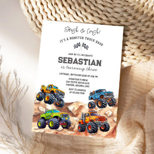 Smash & Crash It's Monster Truck Bash Boy Birthday Invitation