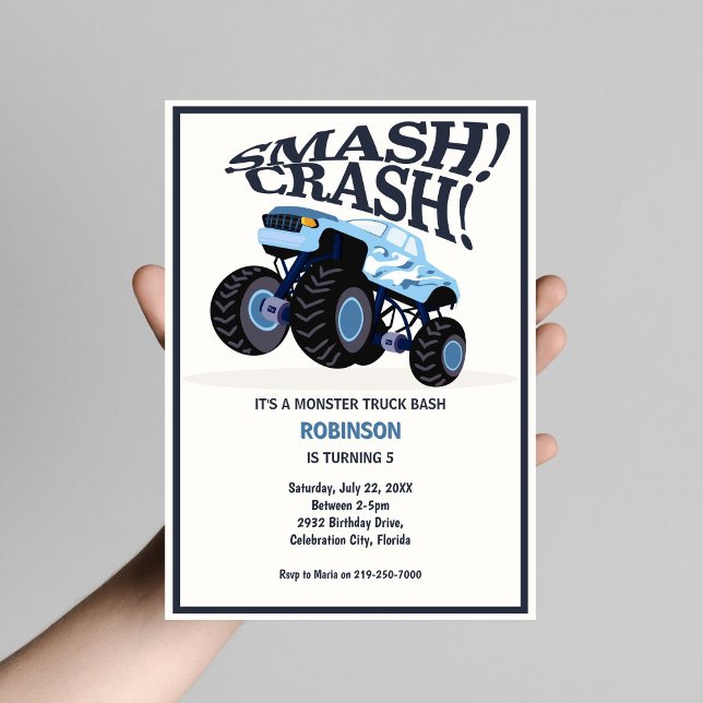 Smash Crash-Modern Blue Monster Truck Birthday  Invitation (Creator Uploaded)
