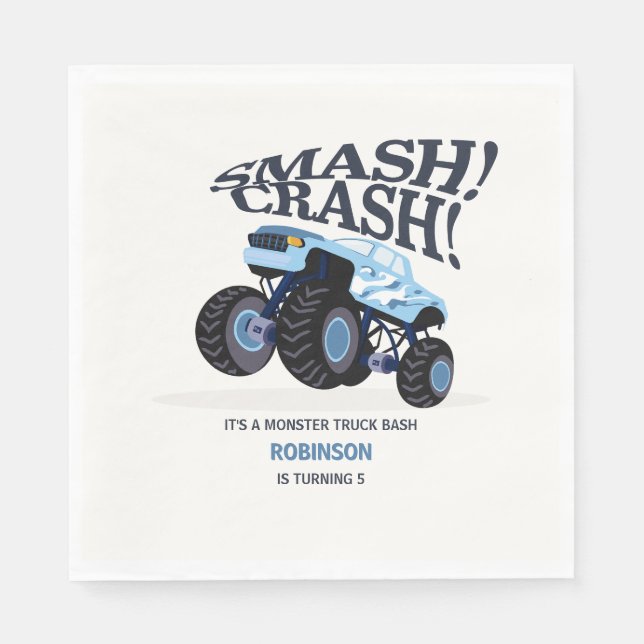 Smash Crash - Modern Blue Monster Truck Birthday Napkin (Front)