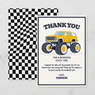 Smash Crash- Modern Yellow Monster Truck Birthday Thank You Card