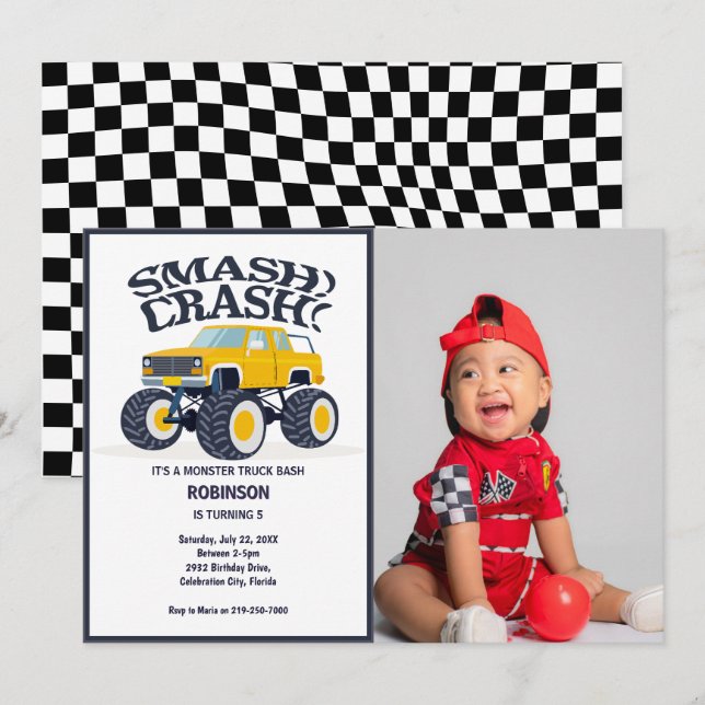 Smash Crash- Modern Yellow Monster Truck Photo Invitation (Front/Back)