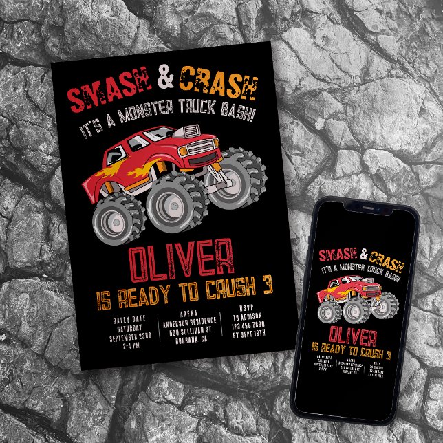 Smash & Crash Monster Truck Bash Birthday Invitation (Creator Uploaded)
