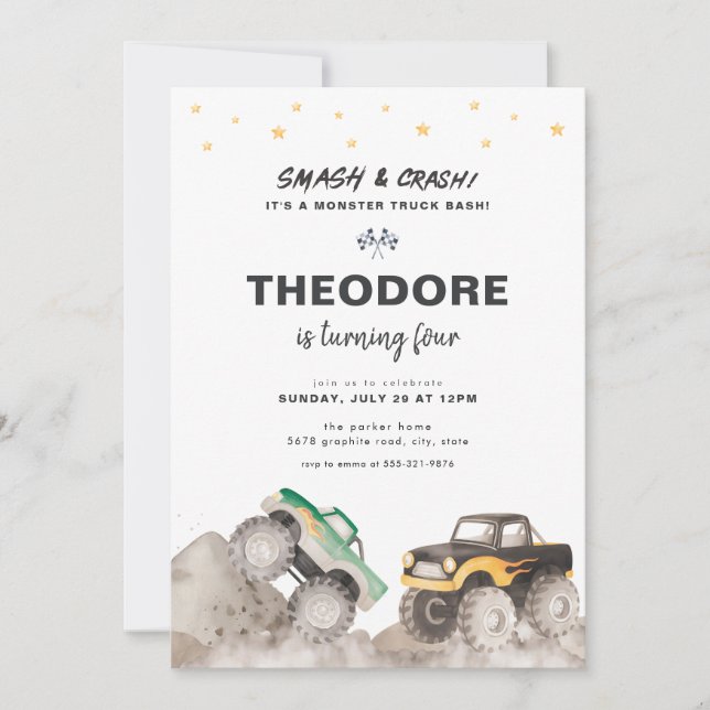 Smash & Crash Monster Truck Birthday Invitation (Front)
