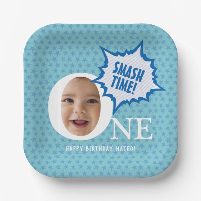SMASH! Fun Baby boy Photo Collage Personalized  Paper Plate (Front)