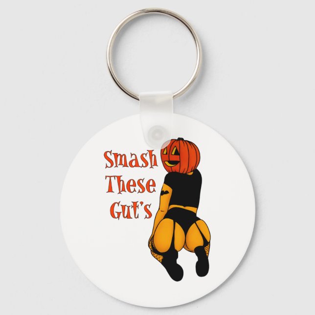 Smash These Gut's Funny Pumpkin Halloween Joke  Keychain (Front)