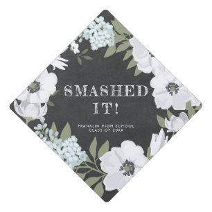 Smashed It! Watercolor Floral Chalkboard Graduation Cap Topper