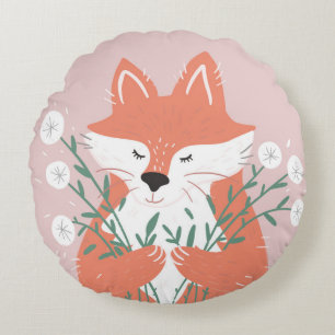 Smelling The Flowers Lovely Fox Illustration Round Pillow