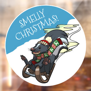 Smelly Christmas! Skunk On A Sled Xmas Cartoon Window Cling