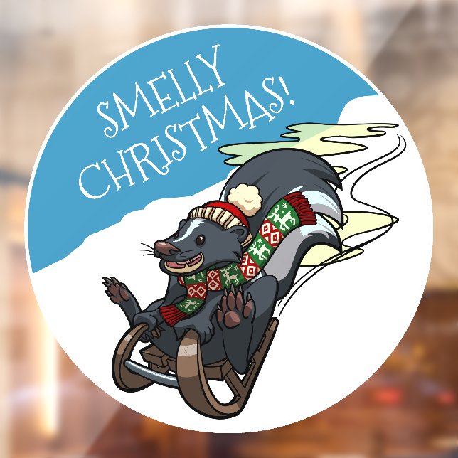 Smelly Christmas! Skunk On A Sled Xmas Cartoon Window Cling (Sheet 2)