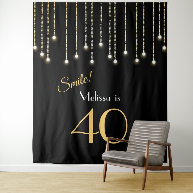 Smile 40th Birthday Black Gold Photo Backdrop Tapestry (In Situ)