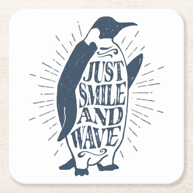 Smile and Wave Penguin Square Paper Coaster (Front)