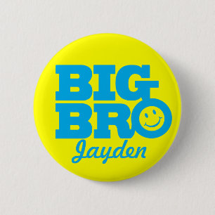 Smile Big Bro named button badge in blue & yellow