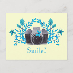 Smile! Camera With Blue Leaves And Butterflies Postcard