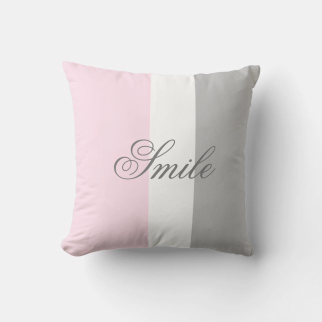 Smile Chic Script Pink White and Grey Colour Block Throw Pillow (Front)