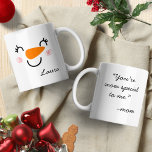 Smile Cute Snowman Face with Message From Mom Coffee Mug<br><div class="desc">This coffee mug is adorned with an adorable snowman face, complete with a big smile, rosy cheeks and a carrot nose. The snowman features a message on his hat that reads "You're snow special to me". This mug is perfect for those who love winter and enjoy a hot cup of...</div>