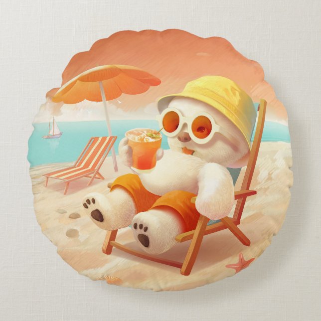 Smile Dog – Beach Mode On Round Pillow (Front)