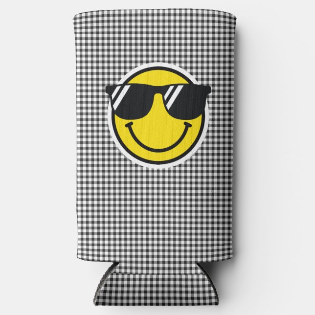 Smile Emoji Happy Face Sunglasses Gingham Fun Seltzer Can Cooler (Front)