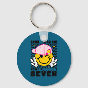 Smile face 7th birthday was 6 7 checkered bruh keychain