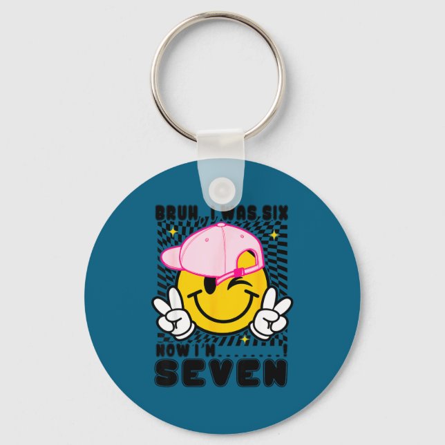 Smile face 7th birthday was 6 7 checkered bruh keychain (Front)