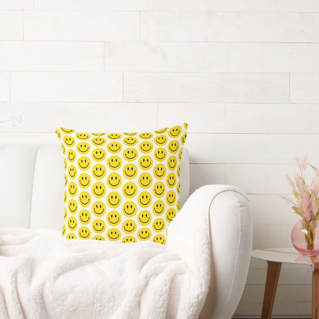 Smile Face Emoji Yellow Black White Happy Fun  Throw Pillow (Couch)