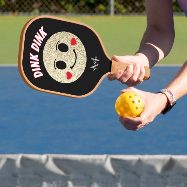 Smile face Gold sparkles hearts dink Monogram Pickleball Paddle (Insitu)