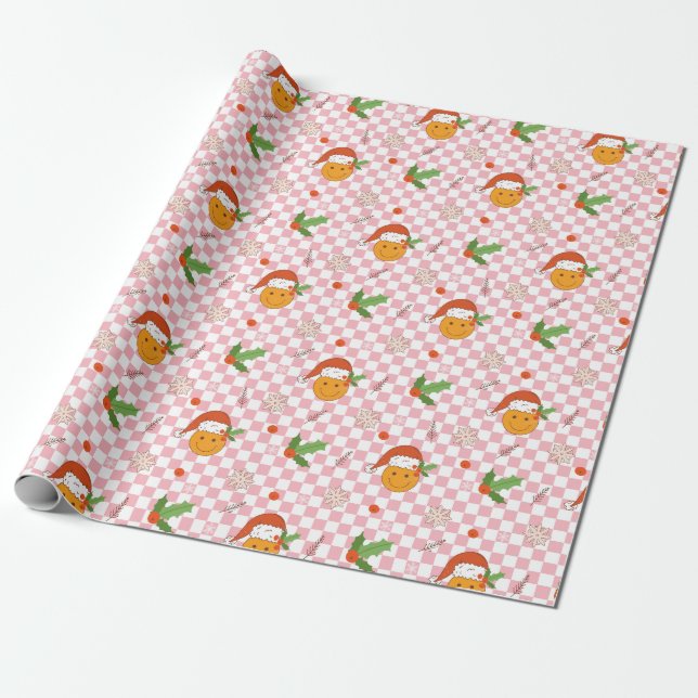 Smile Face Santa Hat Chequered Christmas Gift Wrap (Unrolled)