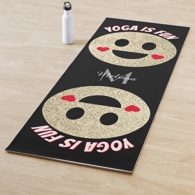 Smile face sparkles hearts Yoga is fun Monogram Mat (In Situ)