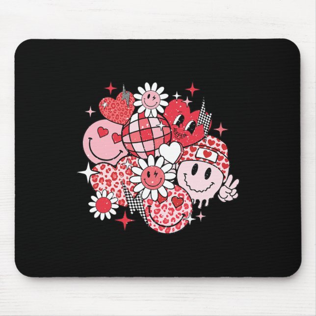 Smile Face Valentines Day Vibes Leopard Flower Gro Mouse Pad (Front)