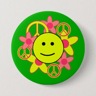 Smile Face with Peace Signs and Flowers 3 Inch Round Button