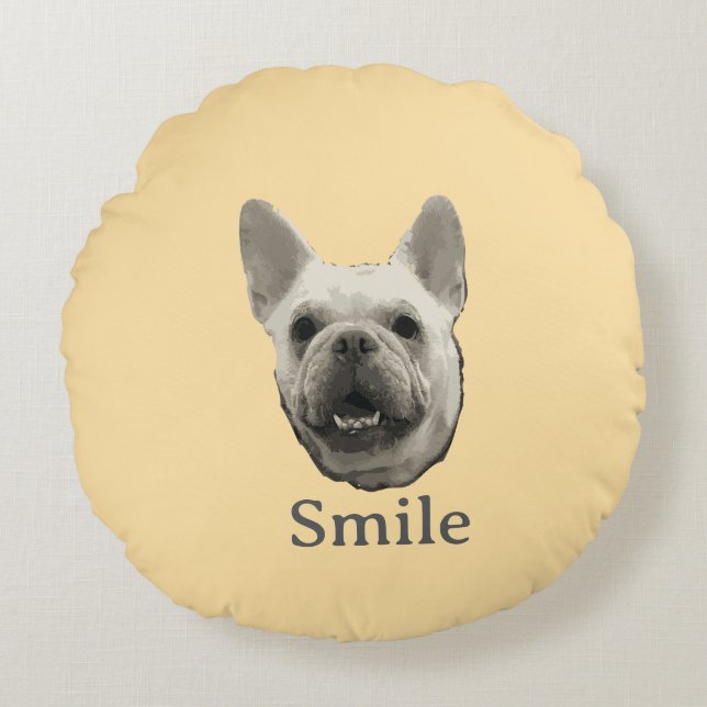 Smile French Bulldog Beige Round Pillow (Front)