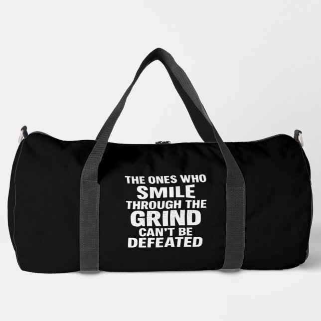 Smile grind gym motivation quote with white text duffle bag (Front)