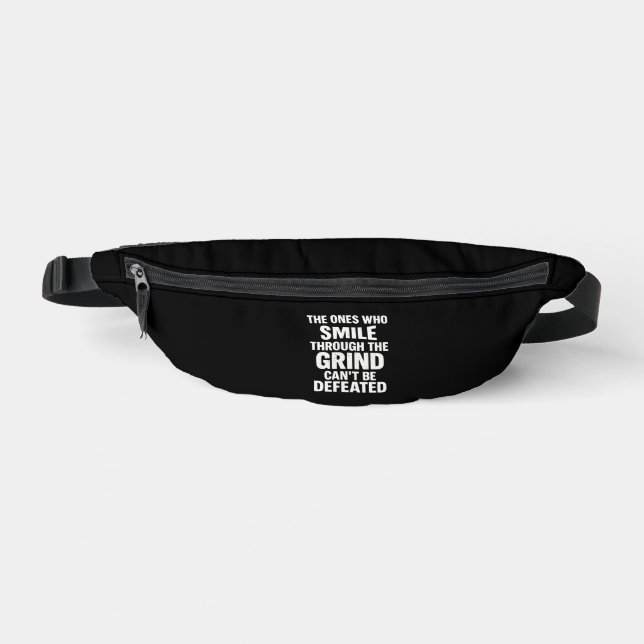 Smile grind gym motivation quote with white text fanny pack (Front)