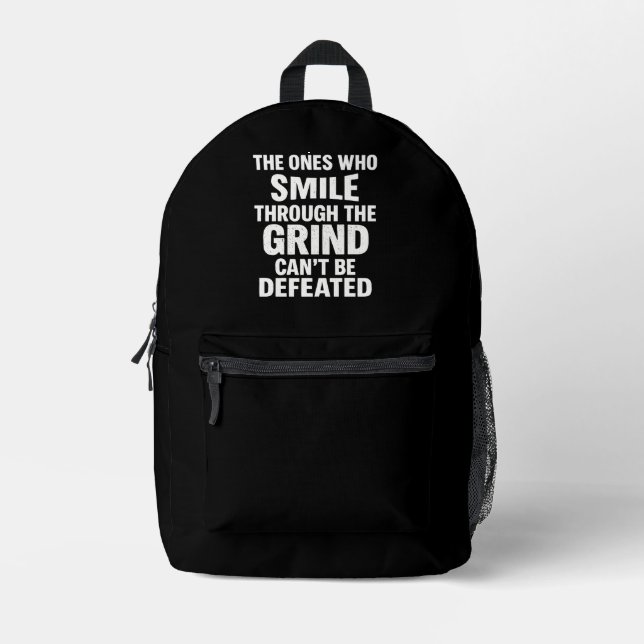 Smile grind gym motivation quote with white text printed backpack (Front)