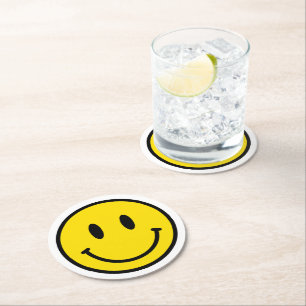 Smile Happy Face Emoji Yellow Black White Retro Round Paper Coaster