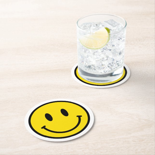 Smile Happy Face Emoji Yellow Black White Retro Round Paper Coaster (Insitu)
