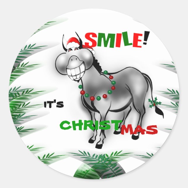 Smile It's Christmas Funny Smiling Donkey Sticker (Front)