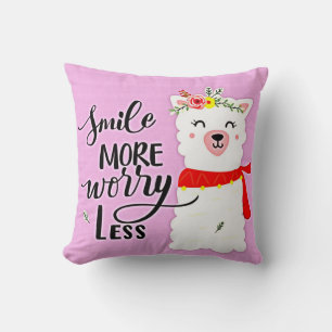 Smile More Worry Less Llama Throw Pillow