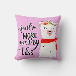 Smile More Worry Less Llama Throw Pillow