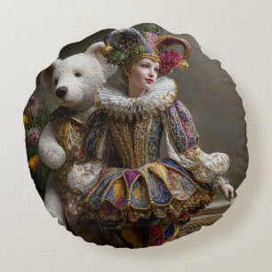 Smile of the Arlequin and its Bear of White Peluch Round Pillow