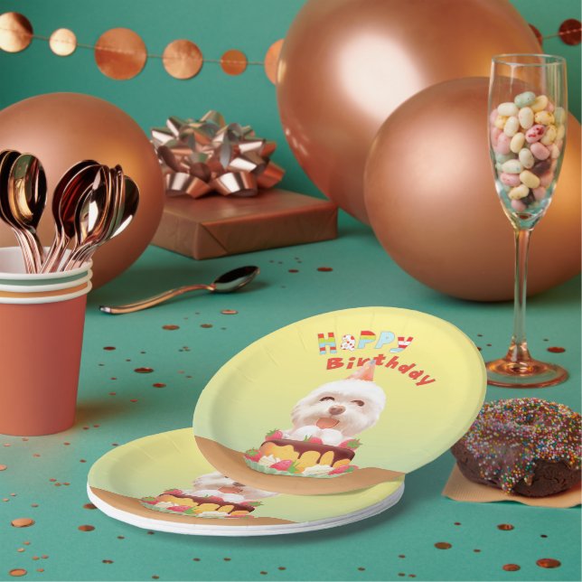 Smile Pup: Happy Birthday Bichon & Cake Art Paper Plate (Multi)