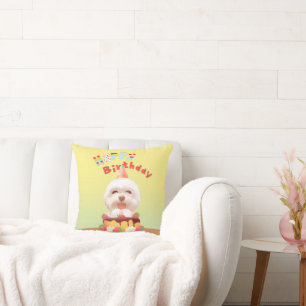 Smile Pup: Happy Birthday Bichon & Cake Art Throw Pillow