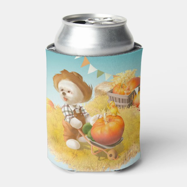 Smile Pup: Harvest Joy & Pumpkin Wheelbarrow Can Cooler (Can Front)